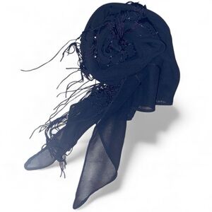 SCARF Sheer Triangle Fashion Scarf Piano Fringe Sequin Flower Detail in Black